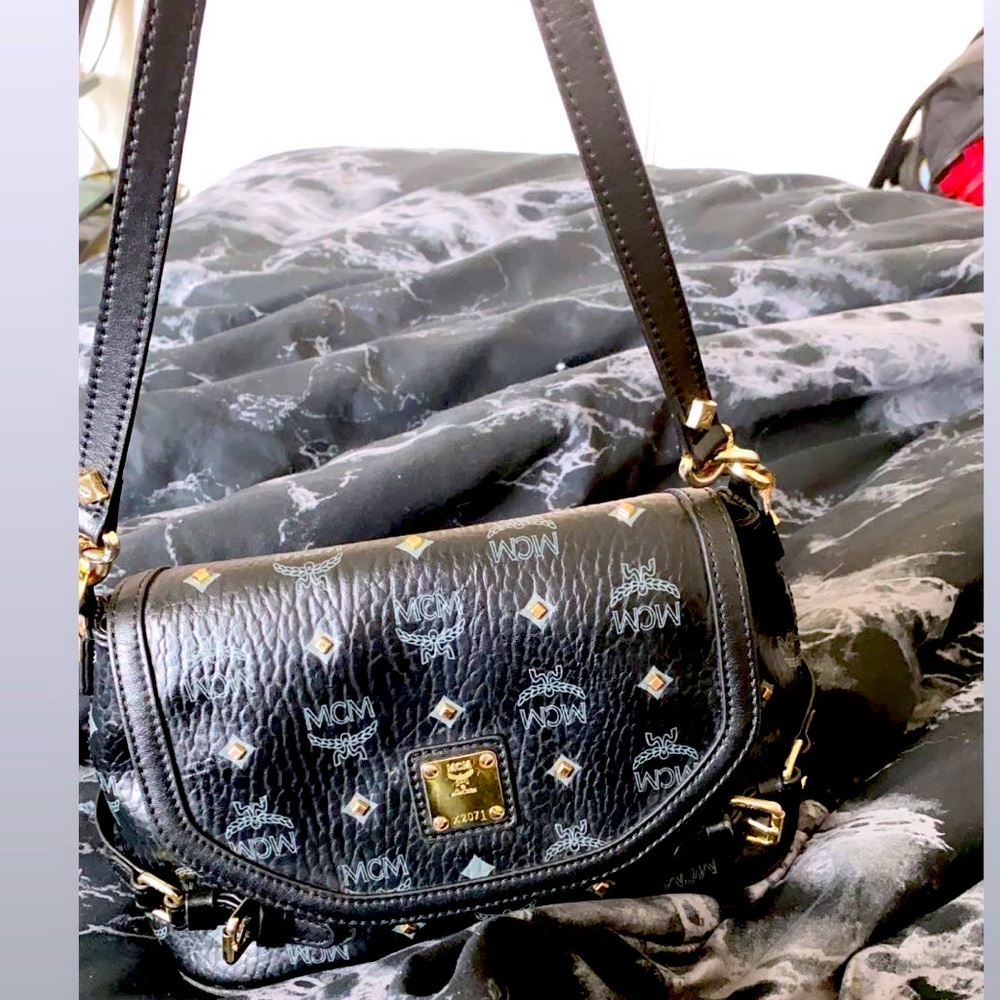 MCM Monogrammed Satchel Black Leather Bag